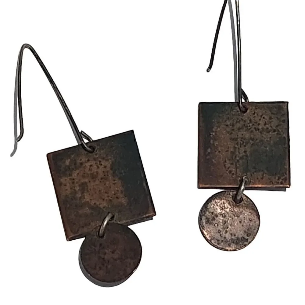 Pair of Earrings Copper Squares Drop Circle Glazed Blue Front